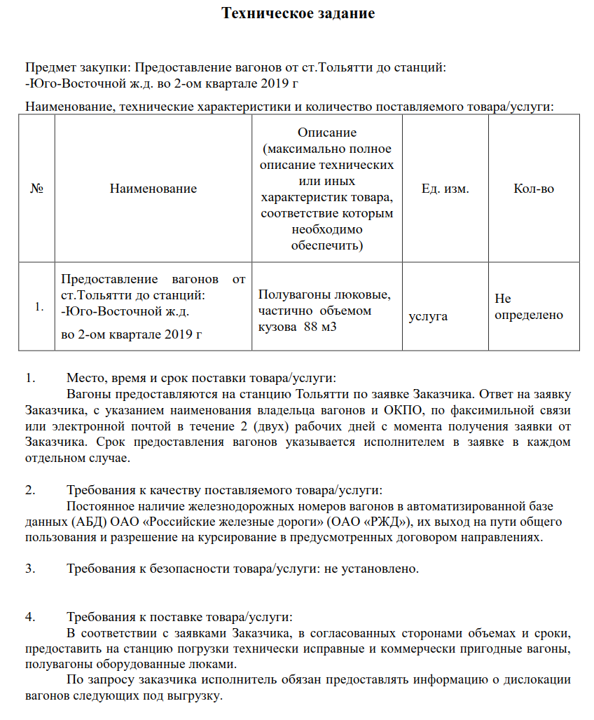 Техническое задание на закупку по 223 фз образец