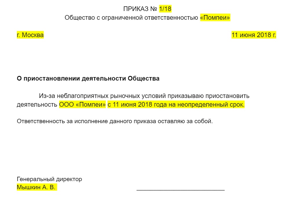 Приказ о приостановлении деятельности ооо образец