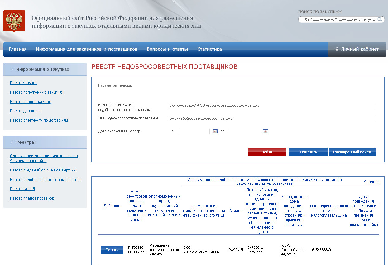 Какая информация включается в реестр нарушителей